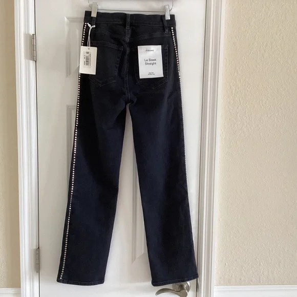 FRAME Women's Jeans Le Sleek Straight High Rise Astronaut Black Studded Sz 25 - Picture 8 of 16